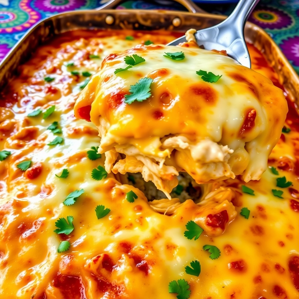 Cheesy chicken enchilada casserole with layers of tortillas, chicken, and cheese, garnished with cilantro, served in a rustic dish.